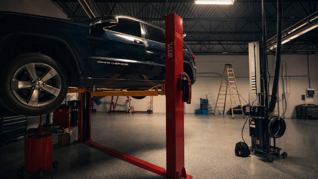 Jeep on a lift inside the K-Auto workshop