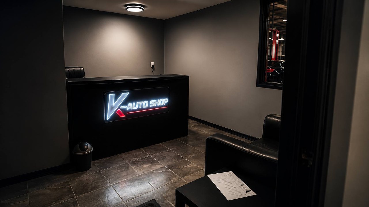 K-Auto Shop reception desk and illuminated sign